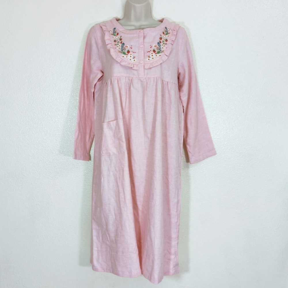 Modest Pink Floral Ruffle Detail Embroidered Nightgown